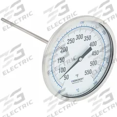 ASHCROFT Dial Thermometer: 50°F to 550°F /10°C to 290°C, ±1% Accuracy, 9 in Stem Lg, 5 in Dial Dia (MPN 50EI60R090XCS50/550F). Key specifications — Accuracy: ±1 %; Brand: ASHCROFT.