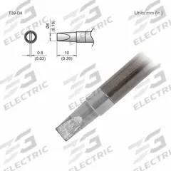 HAKKO Soldering Tip: T39 Series, Chisel, 4 mm W, 10 mm Lg (MPN T39-D4). Key specifications — Brand: HAKKO; Compatible Handpiece Manufacturer Model Number: FX-9702; Manufacturer Part Number: T39-D4.