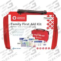 AMERICAN RED CROSS First Aid Kit and Housing: Gen Purpose, 25 People Served, 115 Components, Nylon (MPN 9162-RC). Key specifications — Adhesive Bandages Included: (3) Fingertip Bandages; Application: General Purpose; Brand: AMERICAN RED CROSS; Housing Color: Red; Housing Material: Nylon; Includes Oral or Inhalant Medication: Medication Included; Mountable: Portable; Oral and Inhalant Medicinals Included: (2) Aspirins.