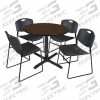 CAIN Cafe/Breakroom Table: Laminate, Walnut, 29 in Overall Ht - Max, Circle, Black, Metal, Black (MPN TB36RNDNW44BK). Key specifications — attr1039436: CAIN; attr1039447: Black; attr1039448: Metal; attr1039806: Black; attr1039828: Walnut; attr1039829: Circle; attr1039830: Laminate; attr1039831: Laminate.