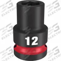 MILWAUKEE Standard Impact Socket: 1/2 in Drive Size, Metric, 12 mm Socket Size, 6-Point, Std (MPN 49-66-6244). Key specifications — attr1215501: MILWAUKEE; attr1215515: Black Phosphate; attr1215518: 12 mm.