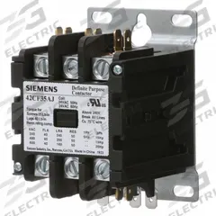 SIEMENS Definite Purpose Contactor: 3 Poles, 277V AC, 40 A, Non-Reversing, Std Contactor Frame Size (MPN 42CF35AL). Key specifications — Brand: SIEMENS; Coil Voltage: 240/277V AC; Mounting Style: Surface; Terminal Connection Type: Quick Disconnect and Screw/Box Lug; Maximum Voltage Rating: 600V AC; Series: 42 Series; Phase: Three; Main Pole Contact Form: 3NO.
