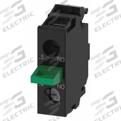 SIEMENS Contact Block: 22 mm Panel Mounting Size, 1NO, Momentary, 3SU1 Series, Screw Terminals (MPN 3SU14002AA101BA0). Key specifications — Color: Black/Green; Switch Action: Momentary; Terminal Connection Type: Screw Terminals; Brand: SIEMENS; Compatible with Series: 3SU1.