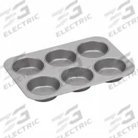 CHICAGO METALLIC Mini Cake Muffin Pan: Aluminized Steel, 6 Slots, 11 1/8 in Overall Wd, 26 ga Gauge (MPN 44305). Key specifications — Pan Style: Muffin Pan; Brand: CHICAGO METALLIC; Color: Silver; Material: Aluminized Steel; NSF Certified: No; Number of Slots: 6.