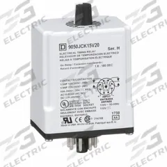 SCHNEIDER Single Function Time Delay Relay: Socket Mounted, 110V AC, 10 A, 8 Pins/Terminals (MPN 9050JCK15V20). Key specifications — Contact Rating (AC): 10 A @ 120/240V; Brand: SCHNEIDER.