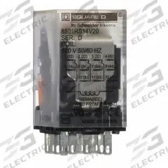 SCHNEIDER General Purpose Relay: Socket Mounted, 6 A Current Rating, 120V AC, 4PDT, G Socket (MPN 8501RS14V20). Key specifications — Brand: SCHNEIDER; Base Type: Square; Mounting Style: Socket; Pin Shape: Flat; Electrical Connection: Quick-Connect; Manufacturer Part Number: 8501RS14V20; Series: Square D 8501R Miniature Control Series.