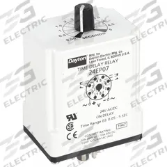 DAYTON Single Function Time Delay Relay: Socket Mounted, 24V AC/DC, 10 A, 8 Pins/Terminals, On Delay (MPN 24EP07). Key specifications — Brand: DAYTON.
