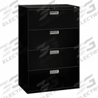 HON Lateral File Cabinet with Drawer: Black, 4 Drawers, 52 1/2 in Overall Ht, 18 in Overall Dp (MPN H684.L.P). Key specifications — attr988670: Unfinished; attr988694: Steel; attr988716: Lateral File Cabinet with Drawer; attr988691: Integrated; attr988652: HON; attr988656: Black; attr988720: Handle.