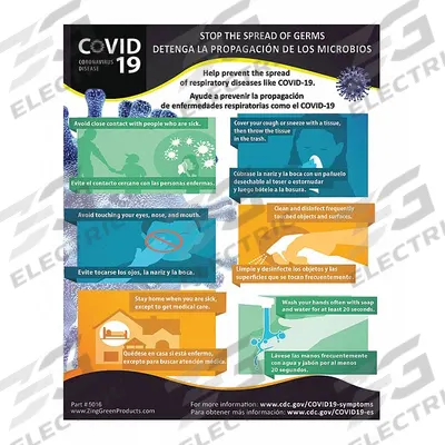 COVID-19 Safety Poster: 22 in Nominal Sign Size, No Protective Coating - COVID-19 Stop the Spread of Germs Detenga La Propagacion De Lost Microbios Posters