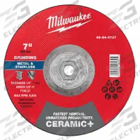 MILWAUKEE Grinding Wheel: Type 27, 7" x 1/4" x 5/8"-11, Ceramic, 24 Grit (MPN 49-94-0737). Key specifications — Brand: MILWAUKEE.