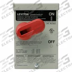 LEVITON Manual Motor Controller: 3 Poles, 30 A, 3R NEMA Rating, Painted Steel Enclosure (MPN N3303-DS). Key specifications — Brand: LEVITON; Maximum Voltage Rating: 600V AC; Mounting Style: Surface; Pilot Light: Not Included; Enclosure Material: Painted Steel.