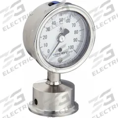 ASHCROFT Pressure Gauge: 0 psi to 100 psi, 2 1/2 in Dial, 1 1/2 in Tri-Clamp, Bottom, 1032S (MPN 25-1032S-15L-100). Key specifications — Brand: ASHCROFT; Case Material: 316L Stainless Steel; Lens Material: Polycarbonate; Pressure Gauge Type: Sanitary Pressure Gauge; Accuracy: ±1.50%; Includes Calibration Certificate: No; Series: 1032S; Vibration Resistance: Water Resistant.