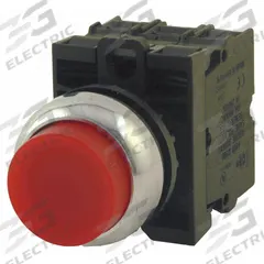 EATON Illuminated Push Button: Illuminated, Extended Profile, Metallic, 22 mm, 1NO/1NC (MPN M22M-DLH-R-K11-R). Key specifications — Brand: EATON; Action: Momentary; Series: M22; Push Button Material Type: Metallic.