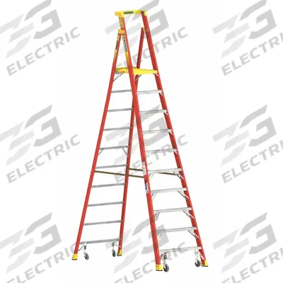 WERNER Podium Stepladder: 12 ft Ladder Size, Fiberglass, 300 lb Load Capacity - Rolling Podium Stepladders
