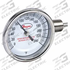 DWYER Dial Thermometer: 0°F to 240°F, ±2%Full Scale Accuracy, 4 in Stem Lg, 3 in Dial Dia (MPN BTLR34051). Key specifications — Accuracy: ±2 % Full Scale; Brand: DWYER.