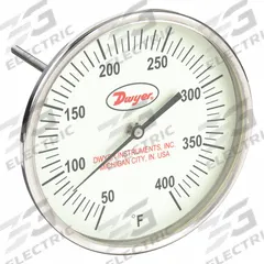 DWYER Glow-in-the-Dark Dial Thermometer: 50°F to 400°F, +/- 1% Accuracy, 5 in Dial Dia, Male (MPN GBTB540121). Key specifications — Accuracy: +/- 1%; Brand: DWYER.