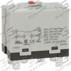 SCHNEIDER Enclosed Power Relay: Socket Mounted, 25 A Current Rating, 120V AC, DPST-NO, M Socket (MPN 725BXXBM4L-120A). Key specifications — Brand: SCHNEIDER; Base Type: Square; Mounting Style: Plug-In; Electrical Connection: Quick-Connect; Manufacturer Part Number: 725BXXBM4L-120A; Operating Current: 25 A at 240V AC (General Purpose); Series: Harmony™ 725 Power Series.