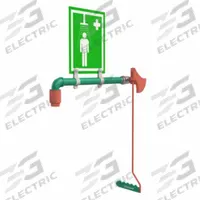 HUGHES SAFETY Plumbed Shower: Wall Mnt, Plastic Sprayhead, Galvanized Steel Pipe, Green (MPN 23GRM). Key specifications — Brand: HUGHES SAFETY; Activation: Pull Rod.