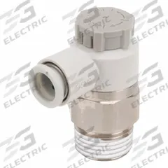 SMC Speed Control Valve: Elbow Fitting, Knob, 1/4 in/1/8 in Valve Body Size, 8 mm Tube, Meter Out (MPN AS2201F-01-08SA). Key specifications — attr947203: Brass/PBT; attr947205: SMC.