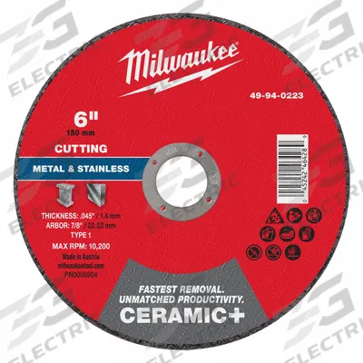 MILWAUKEE Cut-Off Wheel: Type 1, 6" x 0.045" x 7/8", Ceramic - Cool-Cutting Cut-Off Wheels for Carbon & Stainless Steel