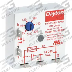 DAYTON Single Function Encapsulated Timing Relay: Surface Relay Mounting, 24 to 240V AC (MPN 6A859). Key specifications — Brand: DAYTON.