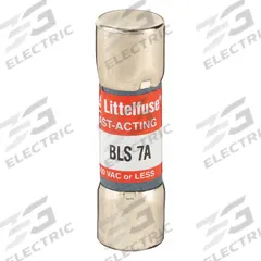 LITTELFUSE Fuse: BLS Series, Midget, Fast-Acting, 7 A, 250 V AC, 13/32 in x 1 3/8 in, Non-Indicating (MPN BLS007). Key specifications — attr1287209: BLS; attr211192: LITTELFUSE.