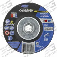 NORTON Depressed Center Grinding Wheel: Type 27, 4 1/2" x 1/4" x 5/8"-11, Aluminum Oxide, 24 Grit (MPN 66252843593). Key specifications — Series: Gemini; Brand: NORTON.