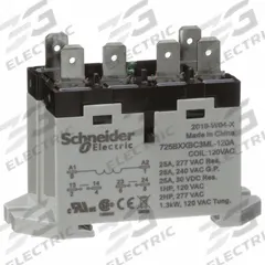 SCHNEIDER Enclosed Power Relay: DIN-Rail & Surface Mounted, 25 A Current Rating, 120V AC, DPST-NO (MPN 725BXXBC3ML-120A). Key specifications — attr211321: SCHNEIDER; attr864598: Square; attr864602: DIN Rail & Top Flange; attr864634: Quick-Connect; attr864642: 725BXXBC3ML-120A; attr869492: 25 A at 240V AC (Resistive Load); attr934629: Harmony™ 725 Power Series.