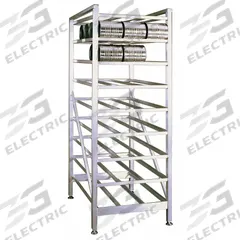 NEW AGE Can Rack: Full Size, 9 Shelves, 162 Cans Held, Stationary, 71 in Overall Ht, 35 1/4 in Dp (MPN 6259). Key specifications — Material: Aluminum; Brand: NEW AGE; Full Size/Half Size: Full Size; Mobile/Stationary: Stationary; NSF Certified: Yes.