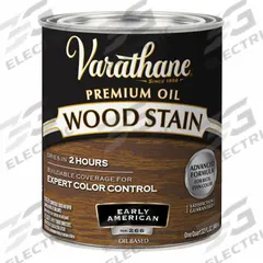 VARATHANE Wood Stain: Wood Stain, Interior, Oil, 1 qt Container Size, Wood, Satin, Early American (MPN 211729H). Key specifications — Brand: VARATHANE; Transparency: Semi-Transparent; Use Location: Interior; Sheen: Satin; Sub-Brand: Varathane; Color: Early American.