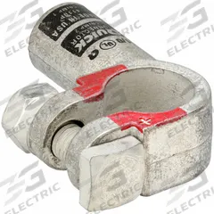 FUSION Battery Terminal: Right Elbow, Crimp, 1/0 ga, Black Color, Positive, Copper/Tin (MPN 4110-525-001P). Key specifications — Contact Material: Copper; Alignment: Right Elbow; Color Code: Black; Connection Type: Crimp; Gauge: 1/0 ga; Polarity: Positive; Brand: FUSION.