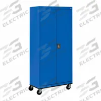 SANDUSKY Shelf Cabinet: Casters, 36 in x 24 in x 78 in, Recessed, Three-Point Locking, 4 Shelves. Key specifications — Door Handle Type: Recessed; Frame Assembled: Assembled; Cabinet Finish: Powder Coated; Cabinet Material: Steel; Base Type: Casters; Cabinet Color: Blue; Shelf Adjustability: (4) Adjustable; Cabinet Storage Components: Shelves.