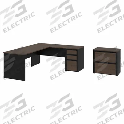 BESTAR L-Shaped Office Desk: Antigua/Black, 82 3/4 in Overall Wd - Connexion Series