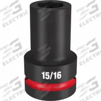 MILWAUKEE Deep Impact Socket: 1 in Drive Size, SAE, 15/16 in Socket Size, 6-Point, Deep, Friction (MPN 49-66-6503). Key specifications — attr1215501: MILWAUKEE; attr1215515: Black Phosphate; attr1215518: 15/16 in.