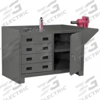 DURHAM MFG Cabinet Workbench: Steel, 48 in x 24 in, 2,000 lb Overall Load Capacity, Gray (MPN 3404-95). Key specifications — Assembly: Fully Assembled; Brand: DURHAM MFG; Included Components: Vice Support Shelf.