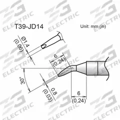 HAKKO Soldering Tip: T39 Series, Bent Chisel, 1.4 mm W, 12 mm Lg (MPN T39-JD14). Key specifications — Brand: HAKKO; Compatible Handpiece Manufacturer Model Number: FX-9702; Manufacturer Part Number: T39-JD14.