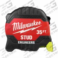 MILWAUKEE STUD Tape Measure: Nonmagnetic Single Hook Tip, 35 ft / 25 ft/35 ft / 35 ft, Red (MPN 48-22-1435E). Key specifications — attr935324: MILWAUKEE; attr942259: Red; attr935326: Tether Ready; attr935328: 1/16 in; attr935329: Inches; attr935337: SAE/Engineers Scale; attr936607: Manual Lock; attr985315: Greater than 5 m.