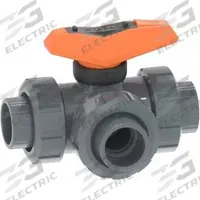 GF PIPING SYSTEMS Manual Three-Way Ball Valve: 2 in, PVC, L Flow, Socket x Socket x Socket (MPN 161543087). Key specifications — Brand: GF PIPING SYSTEMS; Handle: Locking Lever.
