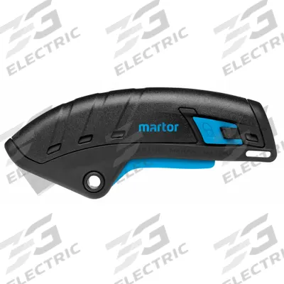MARTOR Safety Knife: 5 in Overall Lg, Textured, 2 in Overall Wd, Plastic, Black/Blue - Fully Automatic Retracting Utility Knives