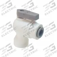 PARKER Manual Two-Way Ball Valve: 1/8 in, Polypropylene, Angle, Push x FNPT, One-Piece, Lever (MPN LFPP4VFE2). Key specifications — Brand: PARKER; Handle: Lever.