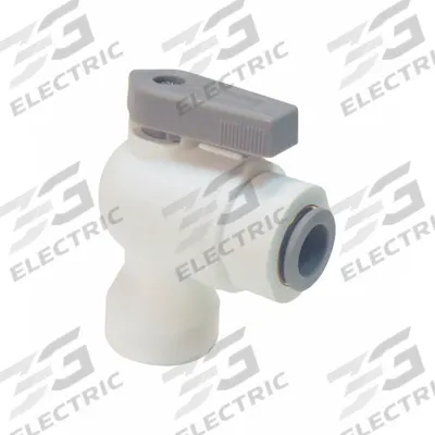 Parker Manual Two-Way Ball Valve: 1/8 in, Polypropylene, Angle, Push x FNPT, One-Piece - Angle-Body Polypropylene Ball Valves