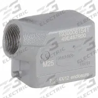 HARTING M25 Rectangular Connector Hood: Size 6 B, Side, Single-Entry, M25 Cable Entry, Aluminum (MPN 19300061541). Key specifications — IP Rating: IP65; Size Designation: 6 B; Cable Entry Thread Size: M25; Seal Material: NBR; Locking Type: Single Lever; Brand: HARTING; Primary Material: Aluminum; Operating Temperature Range: -40 to 125 Degrees C.