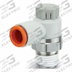 SMC Speed Control Valve: Elbow Fitting, Knob, 1/4 in/1/8 in Valve Body Size, 5/16 in Tube, Meter Out (MPN AS2201F-N02-09SA). Key specifications — attr947203: Brass/PBT; attr947205: SMC.