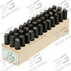 YOUNG BROS. STAMP WORKS Hand Stamp Kit: 0 thru 9 (6 doubles as 9)/Ampersand (&)/A thru Z, Steel (MPN 06362). Key specifications — Material: Steel; Brand: YOUNG BROS. STAMP WORKS; Characters Included: A thru Z.