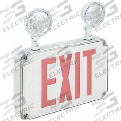 FULHAM Exit Sign with Emergency Lights: White, 2 Faces, Red, LED, Wall, Nickel Cadmium - Plastic Exit Signs with Round Top-Mount Light Heads
