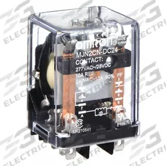 OMRON General Purpose Relay: Socket Mounted, 10 A Current Rating, 24V DC, DPDT, 8 Pins/Terminals (MPN MJN2C-N-DC24). Key specifications — Brand: OMRON; Base Type: Square; Mounting Style: Plug-In; Pin Shape: Flat; Electrical Connection: Quick-Connect; Manufacturer Part Number: MJN2C-N-DC24; Series: MJN Series.