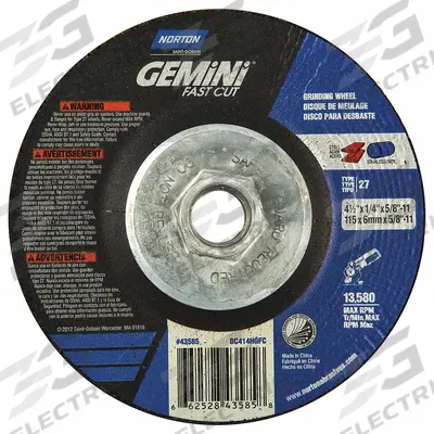 NORTON Depressed Center Grinding Wheel: Type 27, 4 1/2" x 1/4" x 5/8"-11, Aluminum Oxide - General Purpose Grinding Wheels for Carbon & Stainless Steel