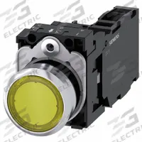 SIEMENS Illuminated Push Button: Illuminated, Flush Profile, Non-Metallic, 22 mm, 1NO/1NC (MPN 3SU1153-0AB30-1FA0). Key specifications — Brand: SIEMENS; Action: Momentary; Series: 3SU; Push Button Material Type: Non-Metallic.