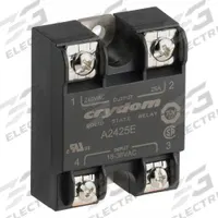 CRYDOM Solid State Relay: Surface Mounted, 25 A Max Output Current, SCR, AC Output (MPN A2425E). Key specifications — Brand: CRYDOM; Current Type: AC; Electrical Connection: Screw Clamp; Finger Safe: No; Input Current: 10 mA; Input Voltage: 18-36 VAC; Maximum Output Current without Heat Sink: 11 A; Mounting Style: Panel.