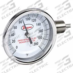 DWYER Dial Thermometer: 0°F to 200°F, ±2%Full Scale Accuracy, 4 in Stem Lg, 3 in Dial Dia (MPN BTLR340101). Key specifications — Accuracy: ±2 % Full Scale; Brand: DWYER.